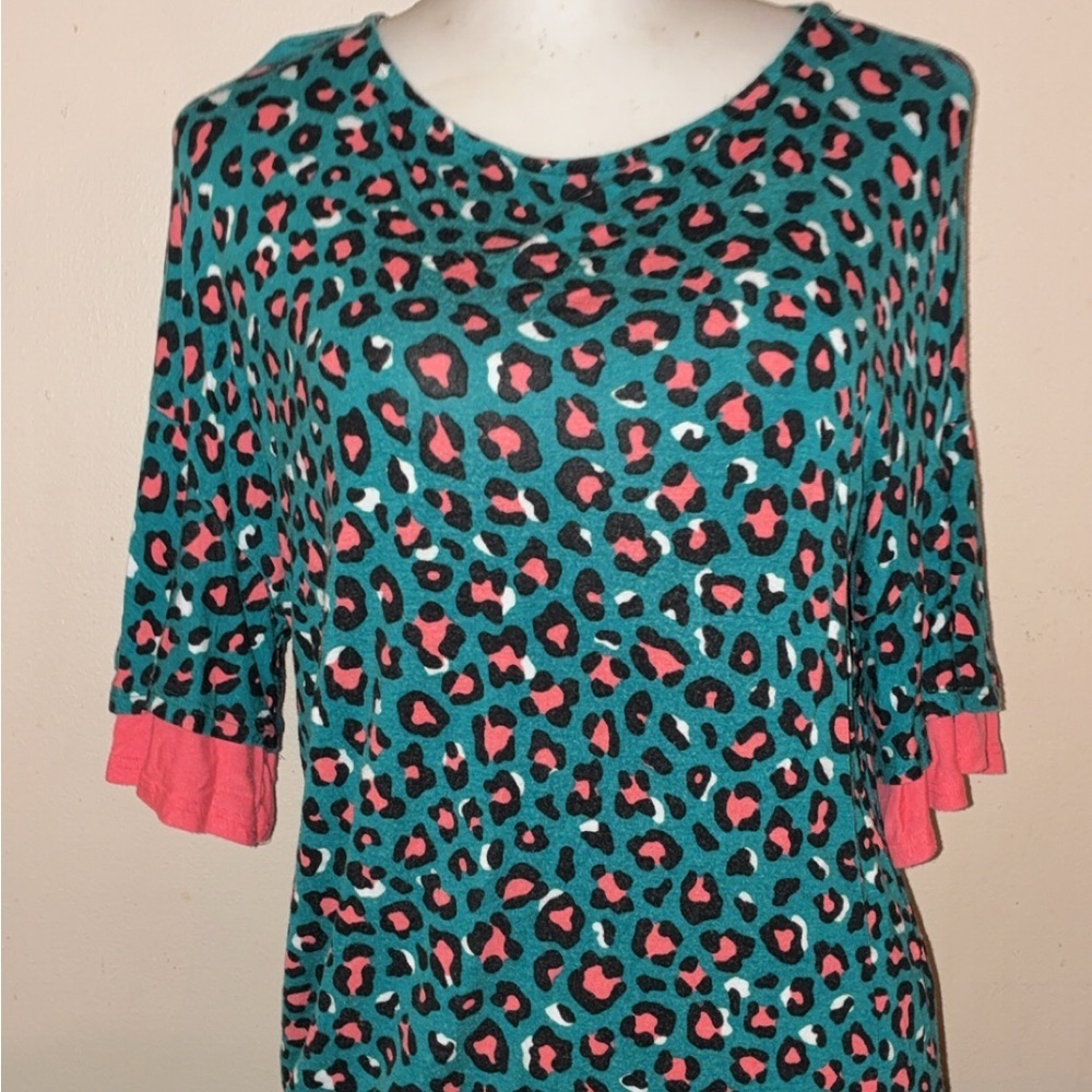 Emerald Teal and Coral Leopard Print Blouse